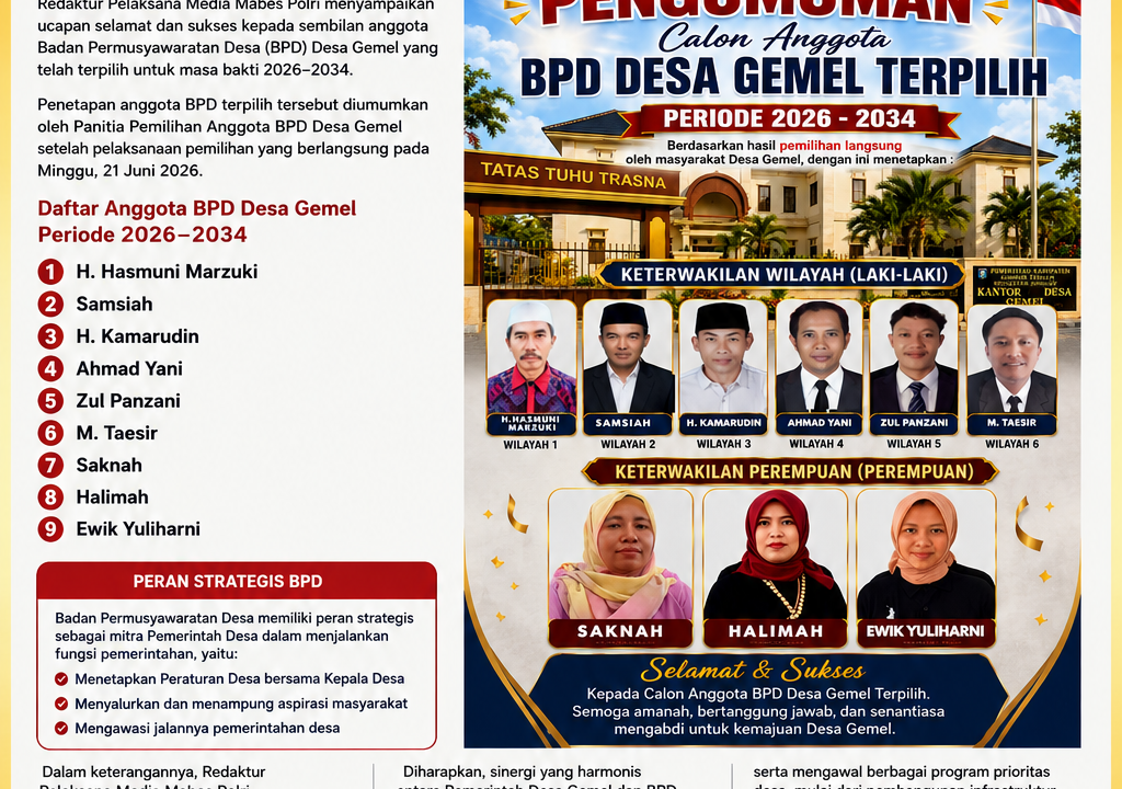 REDAKTUR PELAKSANA MEDIA MABES POLRI UCAPKAN SELAMAT ATAS TERPILIHNYA ANGGOTA BPD DESA GEMEL PERIODE 2026–2034